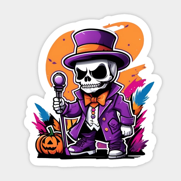 A creepy skeleton in a top hat with a cane Sticker by CreativeXpro